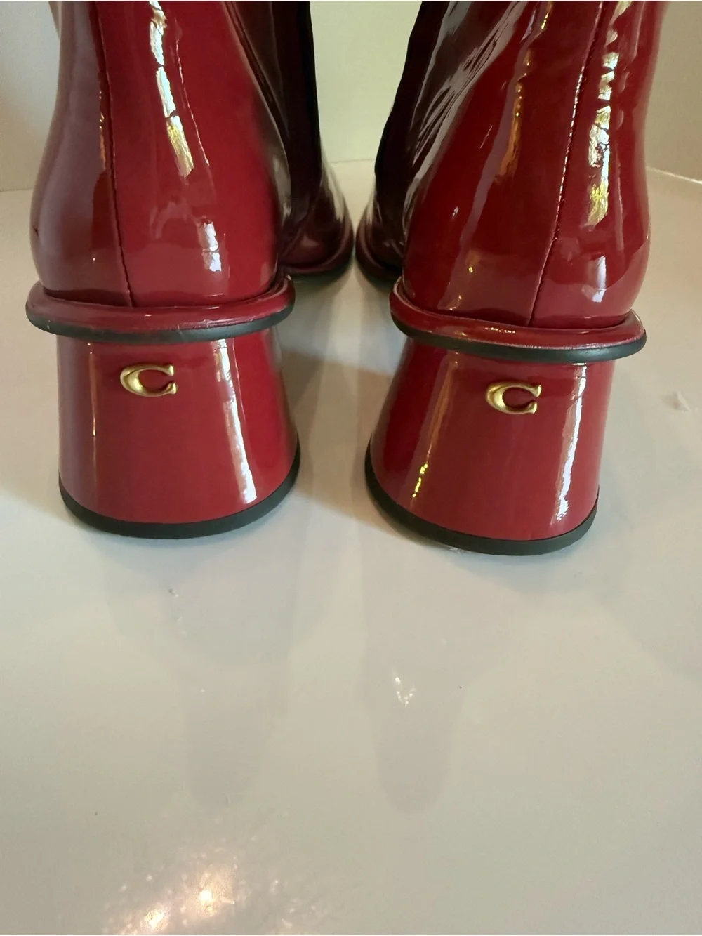 Coach Red Patent Leather Block Heel Boots